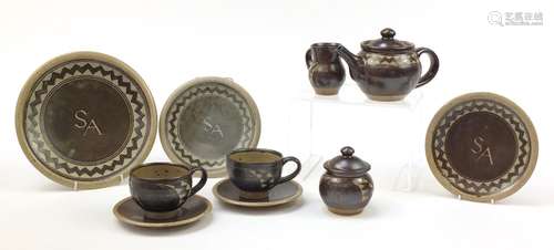 Chris Lewis South Heighton studio pottery tea for two including a teapot, each hand painted with