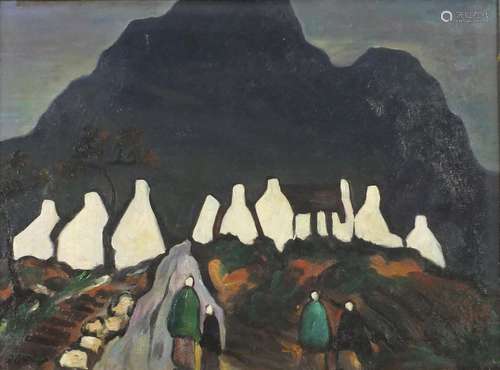 Manner of Markey Robinson - Figures before cottages and mountains, Irish school oil on board,