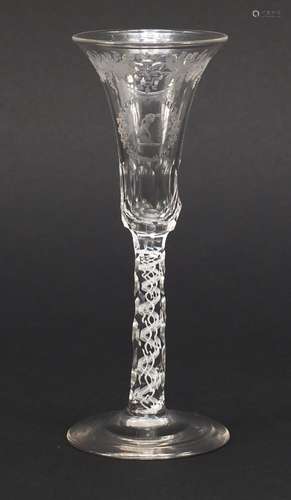 19th century wine glass with opaque twist faceted stem and engraved bowl, 15cm high : For