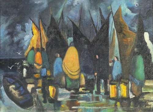 Manner of Markey Robinson - Harbour with figures, Irish school oil on board, framed, 39cm x 29cm :