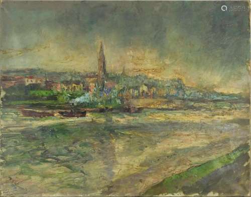 Auguste Apelle - River scene, post impressionist oil on canvas, unframed, 92.5cm x 73cm : For