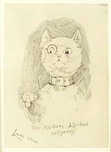 Attributed to Louis Wain - The mashers a gilded halfpenny, ink on paper, mounted, framed and glazed,