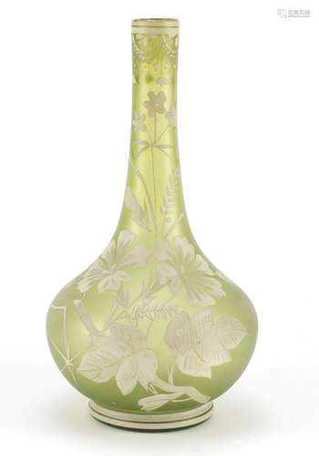 Early 20th century Florentine cameo glass vase hand painted with flowers and foliage, signed, 21cm