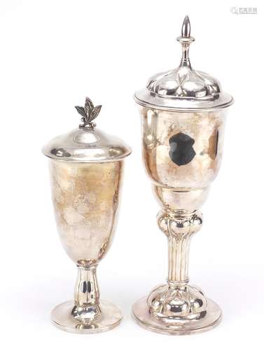 Two silver plated lidded communion chalices, the largest 39.5cm high : For Condition Reports