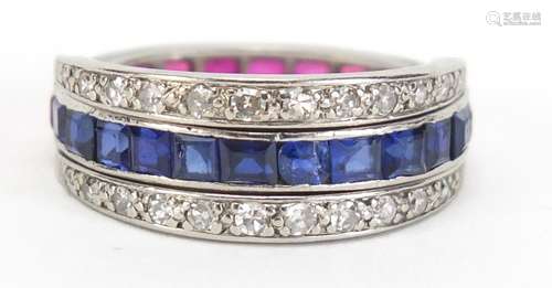 Platinum diamond, ruby and sapphire swivel eternity ring, size J, 5.4g : For Condition Reports