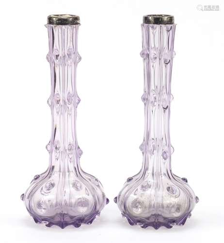 Pair of Victorian silver topped mauve glass vases, each 21cm high : For Condition Reports Please