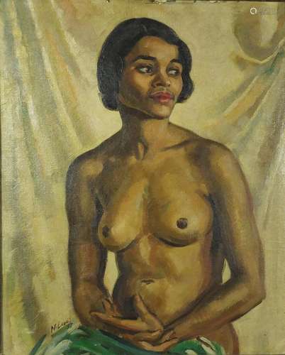 Portrait of a seated nude female, South African school oil on board, bearing a signature N Lewis,