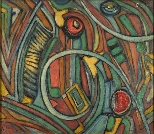 After Nathalie Gontcharova - Abstract composition, oil on canvas, inscribed verso, framed, 58.5cm