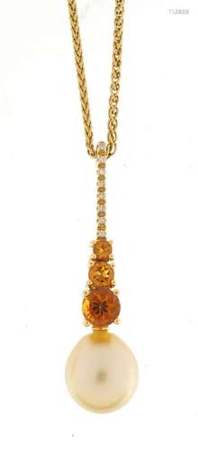 18ct gold Autore pendant, set with diamonds, citrine and pearl, 4.5cm in length, on a 9ct gold