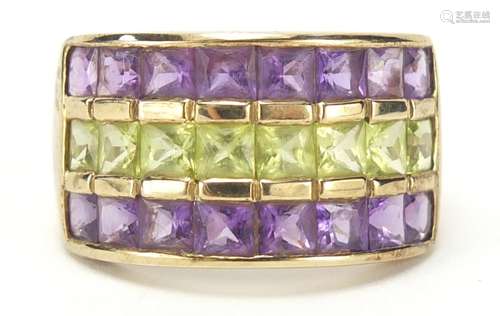 9ct gold amethyst and peridot three row ring, size P, 4.8g : For Condition Reports Please Visit