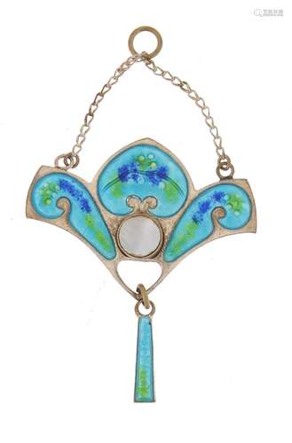 Art Noveau silver coloured metal and enamel pendant, 5.8cm high, 8.3g : For Condition Reports Please