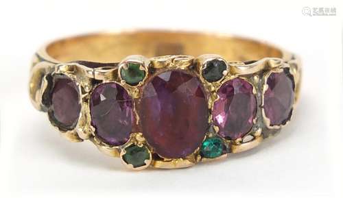 Victorian 9ct gold garnet and greenstone ring, size R, 3.2g : For Condition Reports Please Visit Our