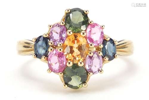 9ct gold multi gem cluster ring, size P, 3.4g : For Condition Reports Please Visit Our Website,