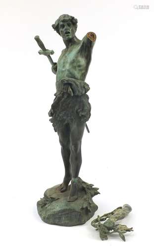 Patinated bronze garden statue of a warrior entitled Victoria, 72cm high : For Condition Reports