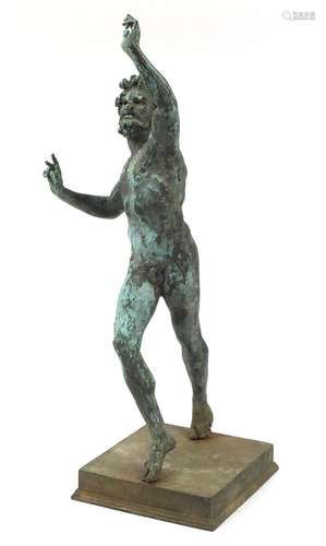 Large patinated bronze Grand Tour dancing faun garden statue, 77cm high : For Condition Reports