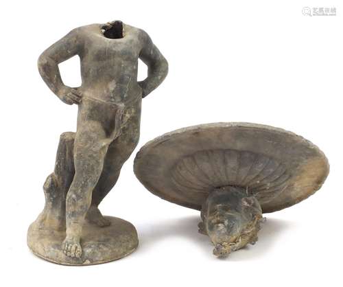 19th Century lead cherub garden bird bath, the circular top raised on a putti support, approximately