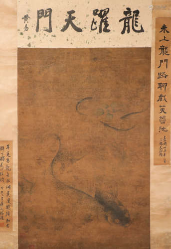 ink painting, painter: Yiyu Huang中国古代水墨画
绢本立轴
作者，黄易
鱼