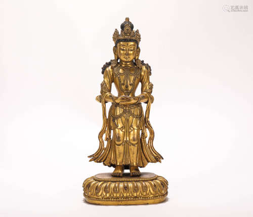 A bronze gilt Guanyin statue in the Qing Dynasty清代铜鎏金观音造像