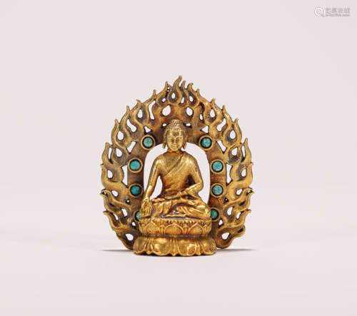 copper golden carved falmming budda from Liao辽代铜鎏金镶嵌松石火焰纹背光佛