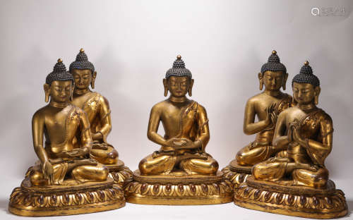 Copper gilt Sakyamuni in the Qing Dynasty, set of five清代铜鎏金释迦摩尼
造像一组五个