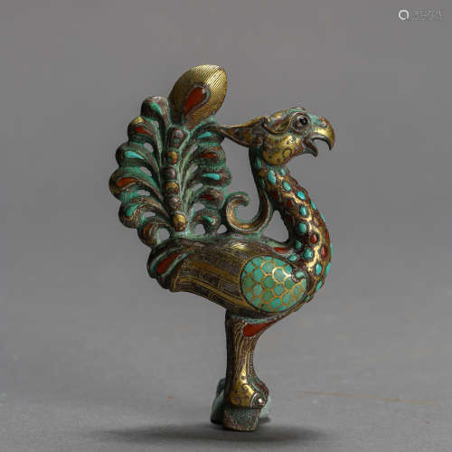 ANCIENT CHINESE BRONZE PHOENIX INLAID WITH GOLD, SILVER