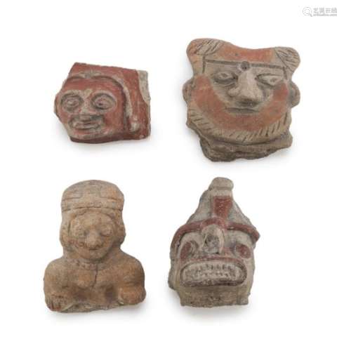 THREE ECUADORIAN MASKS AND A FEMALE BUST IN TERRACOTTA. 6TH CENTURY B.C. - 16TH CENTURY.