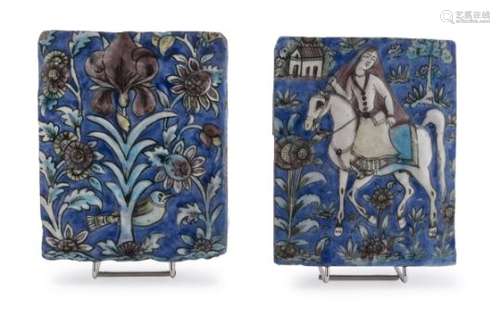 TWO PERSIAN POLYCHROME ENAMELED CERAMIC TILES 19TH CENTURY.