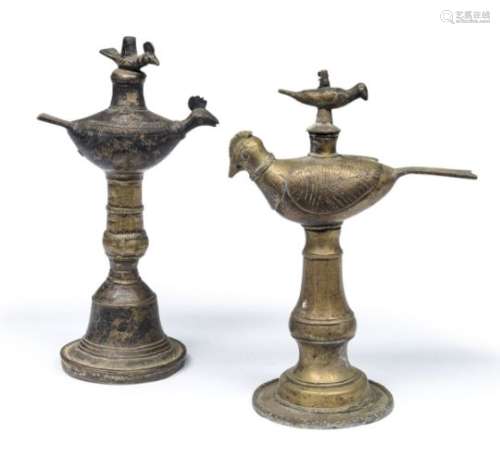 A PAIR OF INDIAN BRONZE OIL LAMPS EARLY 20TH CENTURY.