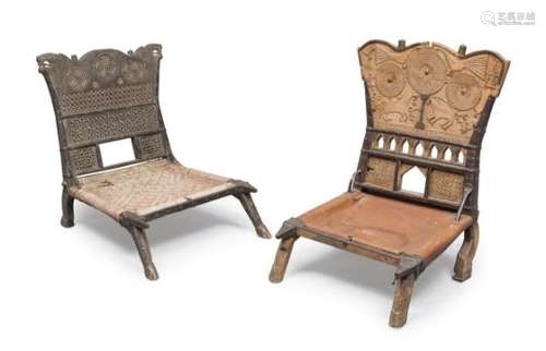 TWO INDIAN WOODEN GARDEN CHAIRS EARLY 20TH CENTURY.