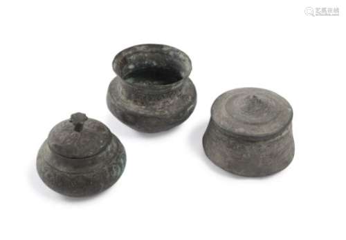 THREE MIDDLE EAST BRONZE OINTMENT VASES 16TH-19TH CENTURY.