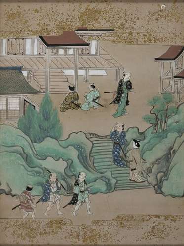 NINE JAPANESE SCHOOL MIXED MEDIA PAINTINGS LATE 19TH CENTURY.