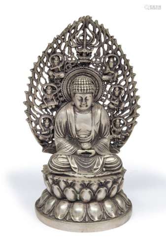 AN INDIAN SILVER-PLATED BUDDHA SCULPTURE 20TH CENTURY