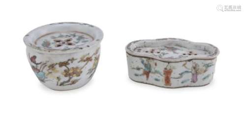 TWO CHINESE POLYCHROME ENAMELED PORCELAIN TEA STOVES EARLY 20TH CENTURY
