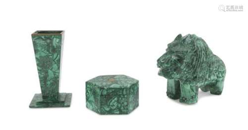 THREE MALACHITE SCULPTURES 20TH CENTURY.