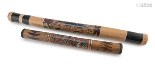 TWO AUSTRALIAN BAMBOO RAINSTICKS 20TH CENTURY.