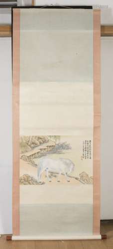 A CHINESE SCHOOL MIXED MEDIA PAINTING ON PAPER DEPICTING HORSE. 20TH CENTURY. DATED 1922.