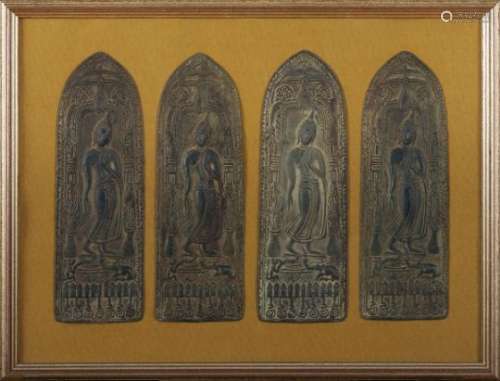 FOUR THAI BRONZE BAS-RELIEFS DEPICTING BUDDHA 20TH CENTURY.