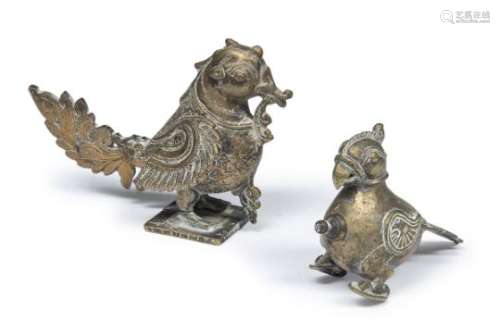 TWO BRONZE SCULPTURES OF BIRDS PROBABLY INDIAN EARLY 20 CENTURY.