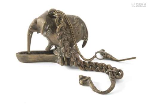 A SMALL INDIAN ELEPHANT SHAPED BRONZE OIL-LAMP, 20TH CENTURY.