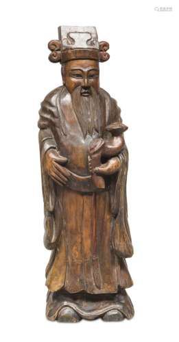 A CHINESE CARVED WOOD STATUE DEPICTING LAO FUXING. END 19TH CENTURY.