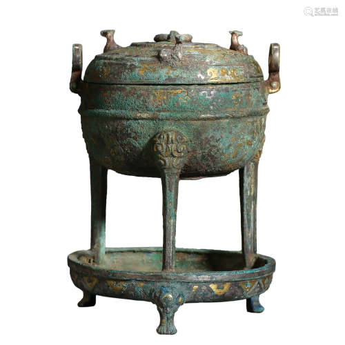 ANCIENT CHINESE BRONZE PARTIAL GILT FURNACE