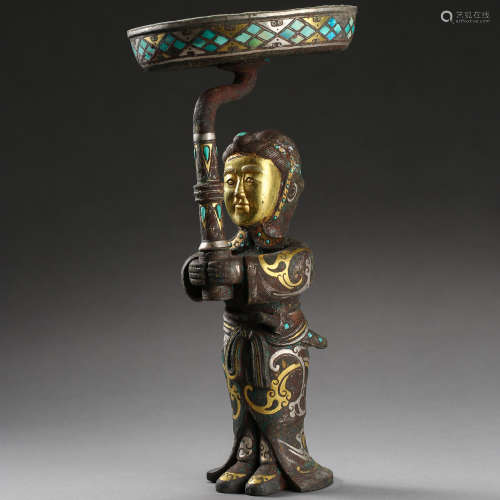 ANCIENT CHINESE BRONZE LAMP WITH A HUMAN SHAPED STAND INLAID WITH SILVER AND TURQUOISE
