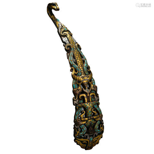 ANCIENT CHINESE BELT HOOK INLAID WITH GOLD AND SILVER