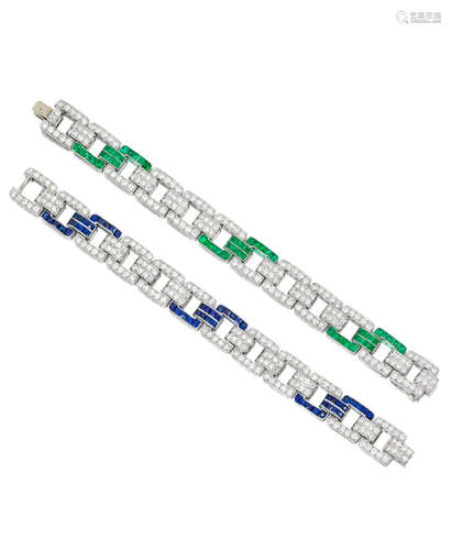 A Pair of sapphire, emerald and diamond bracelets, OSCAR HEYMAN & BROTHERS, CIRCA 1930