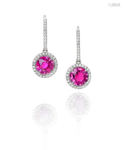 A pair of pink sapphire and diamond ear pendants