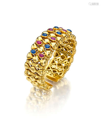 An 18k Gold, Ruby, Sapphire and Diamond Cuff