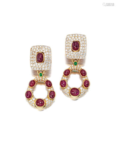 A Pair of Ruby, Emerald, Diamond Ear Clips, DAVID WEBB