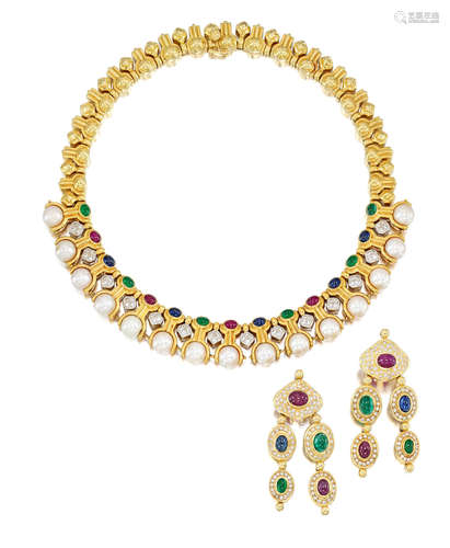 An 18k Gold and Multi-Gem Necklace and A Pair of Ear Pendants