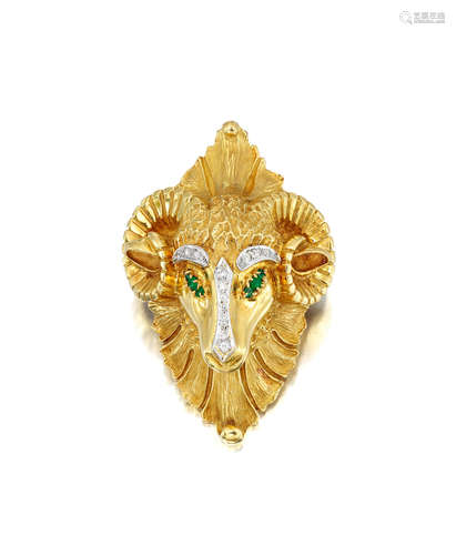 An 18k Gold and Emerald Ram's Head Brooch