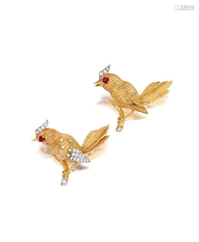 Two 18k Gold, Diamond and Ruby Brooches,  CARTIER, CIRCA 1965